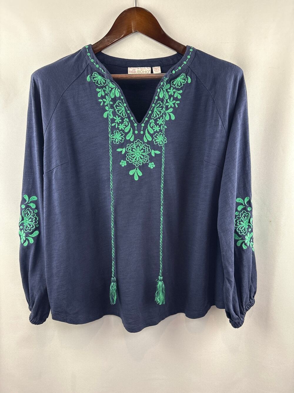 Women’s Belle Boho Kim Gravel Large Navy Embroidered Blouse